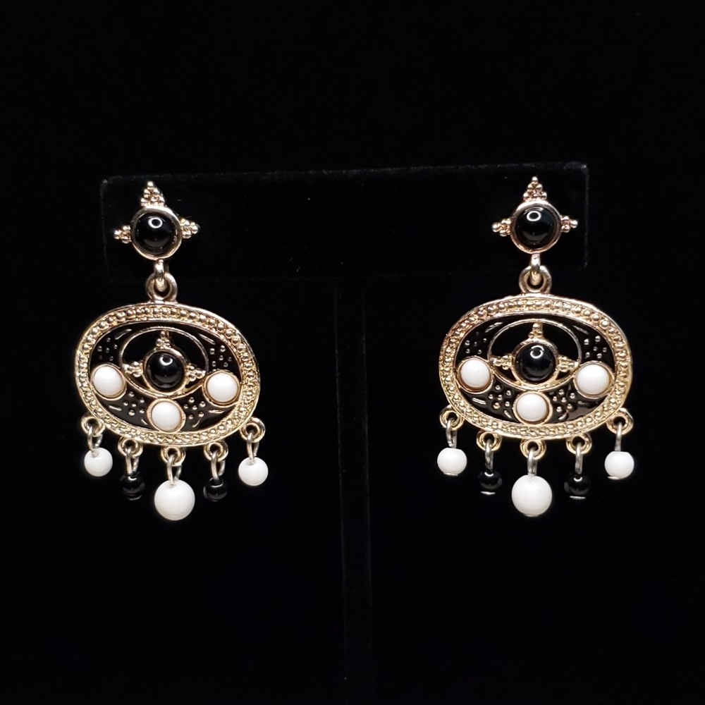Silver Tone Black Enamel and Black/White Beaded Chandelier Post Back Earrings